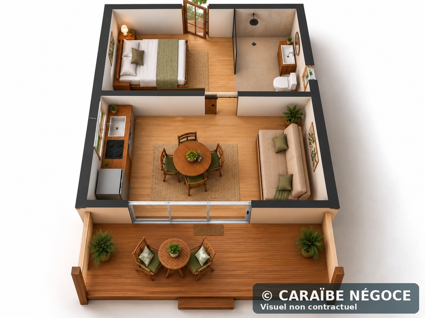 Plan 3D du bungalow locatif 20 m² en Guadeloupe