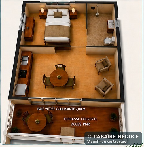 Plan 3D du bungalow adapté PMR 20 m² en Guadeloupe